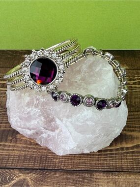 Regal Amethyst Purple & Silver Cable Wire Cuff Stretch Bracelet Set